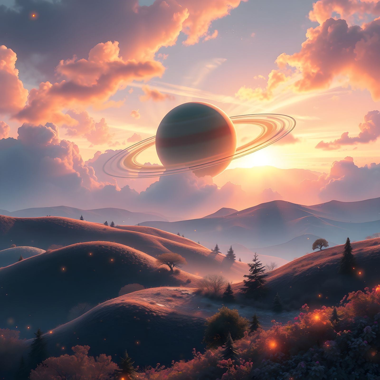 Enchanting Fantasy Landscape with Saturn's Pastel Rings