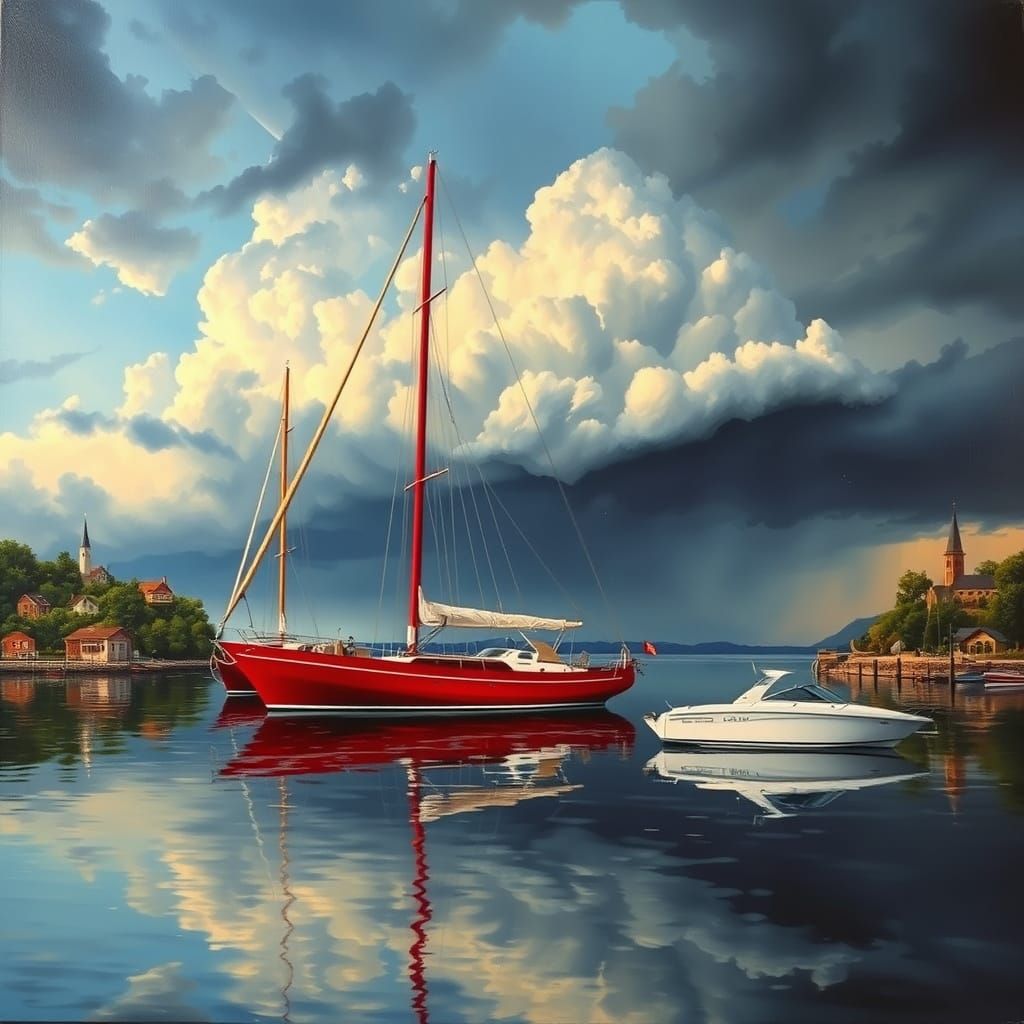 Majestic Red Sailboat at Dusk: Hyper-Realistic Oil Painting