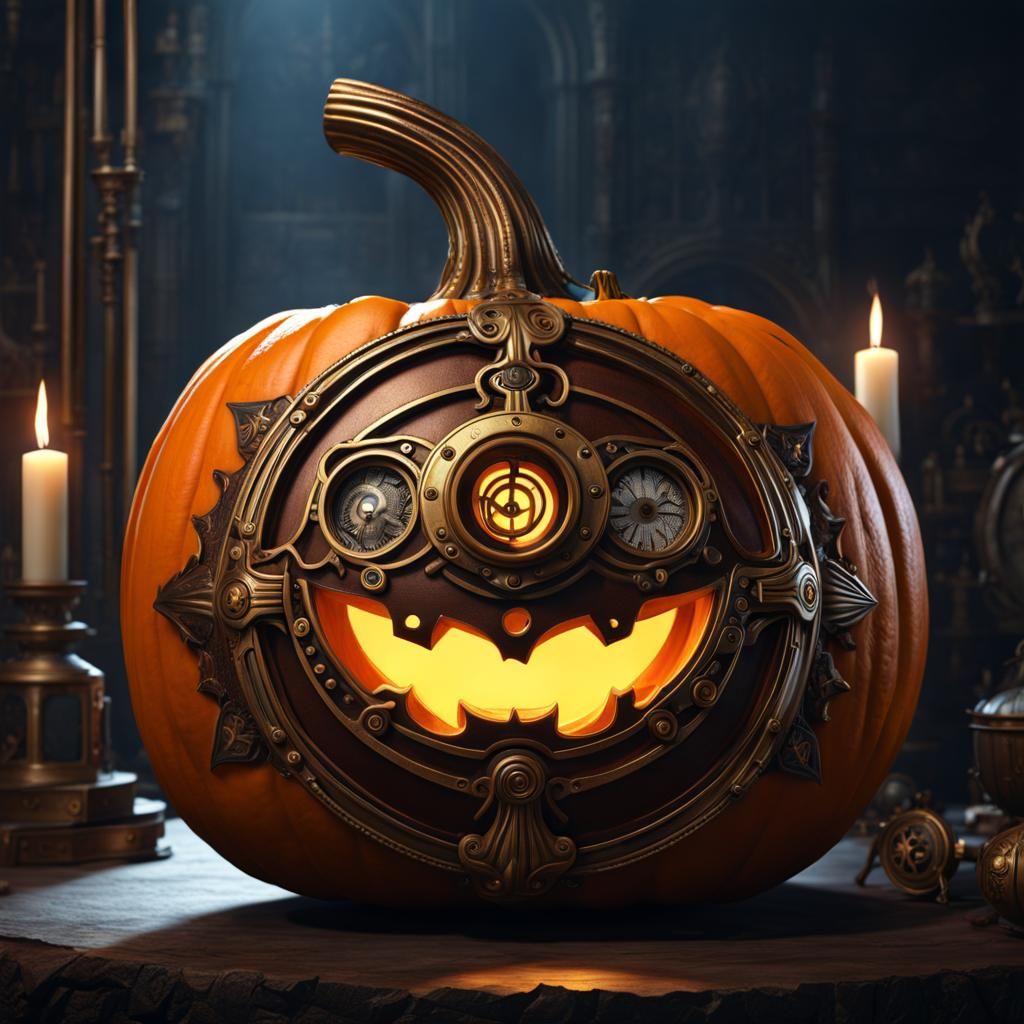 Steampunk Jack-O'-Lantern Carved Pumpkin in Detailed Matte S...