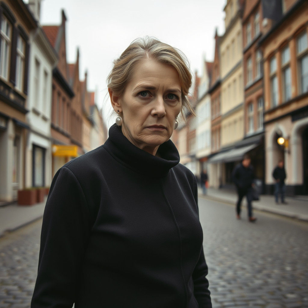 Mourning Woman in Belgian Town Square