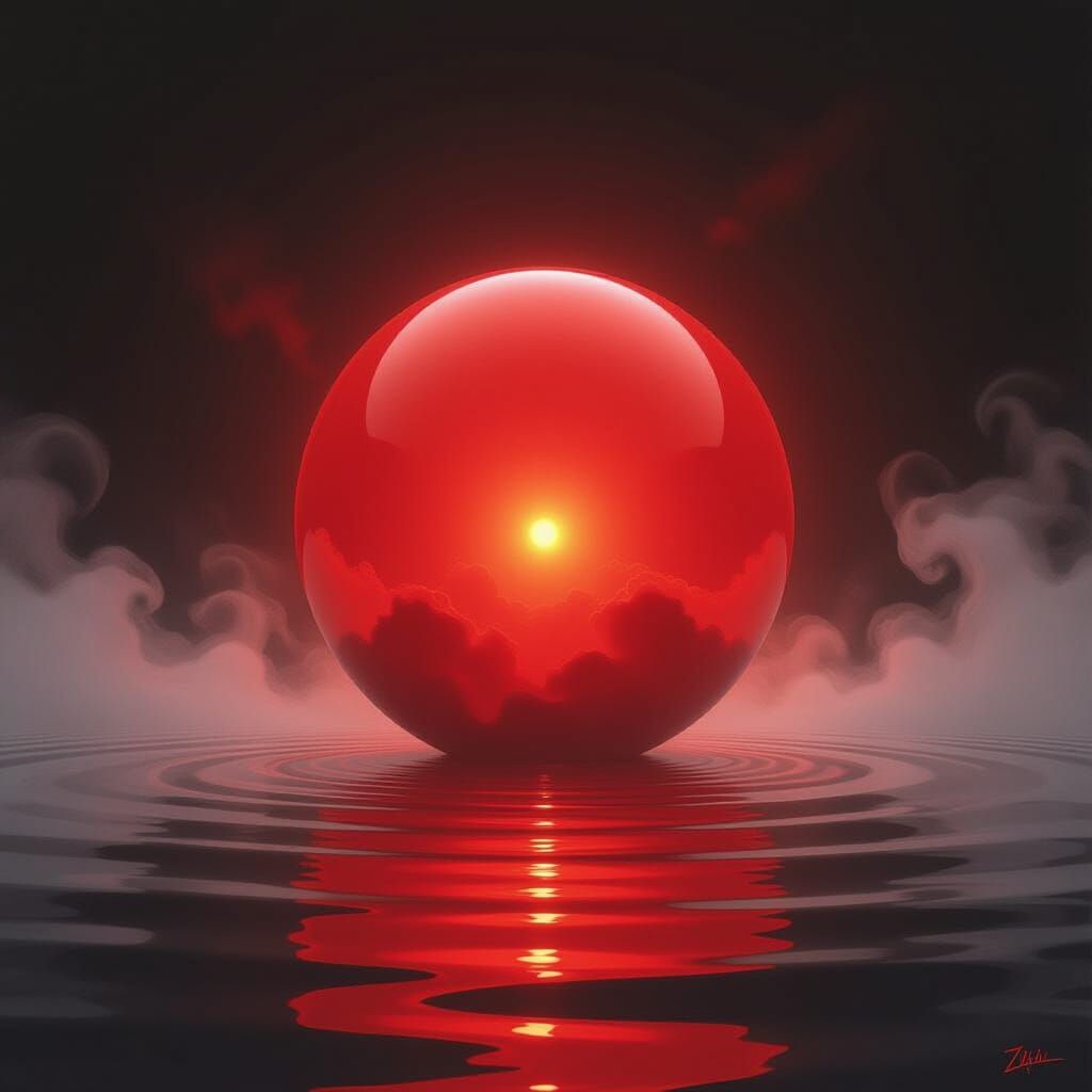 Glowing Red Orb in Ethereal Mist