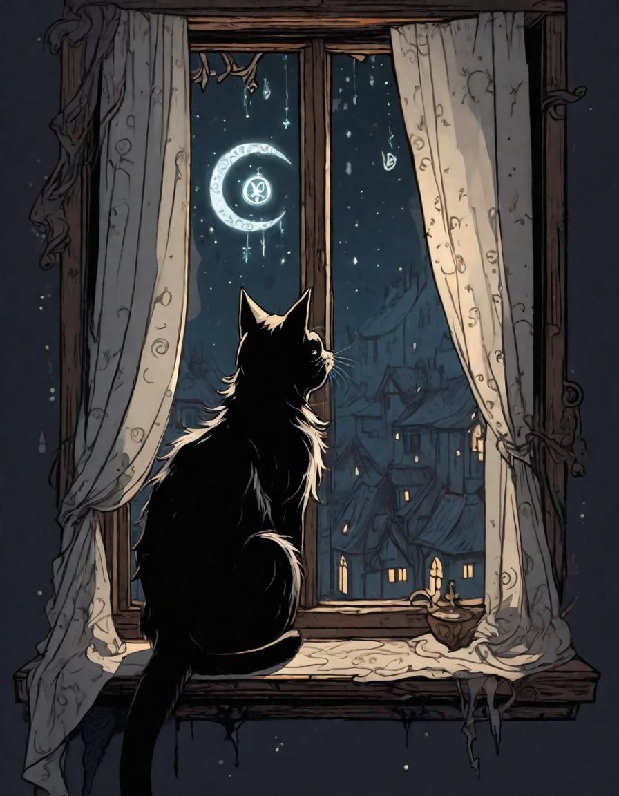 Medieval Cat Gazing Out Window in Gothic Style