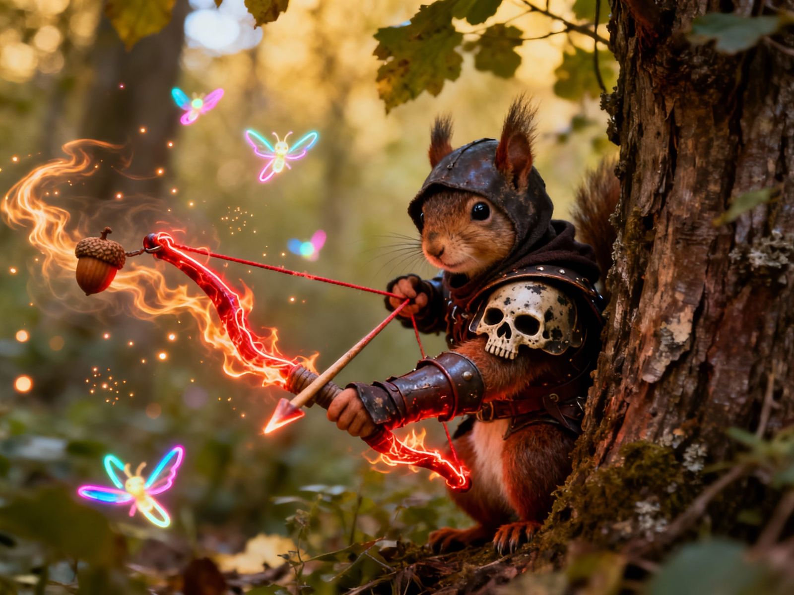 Sinister Squirrel Thief with Magical Bow in Forest