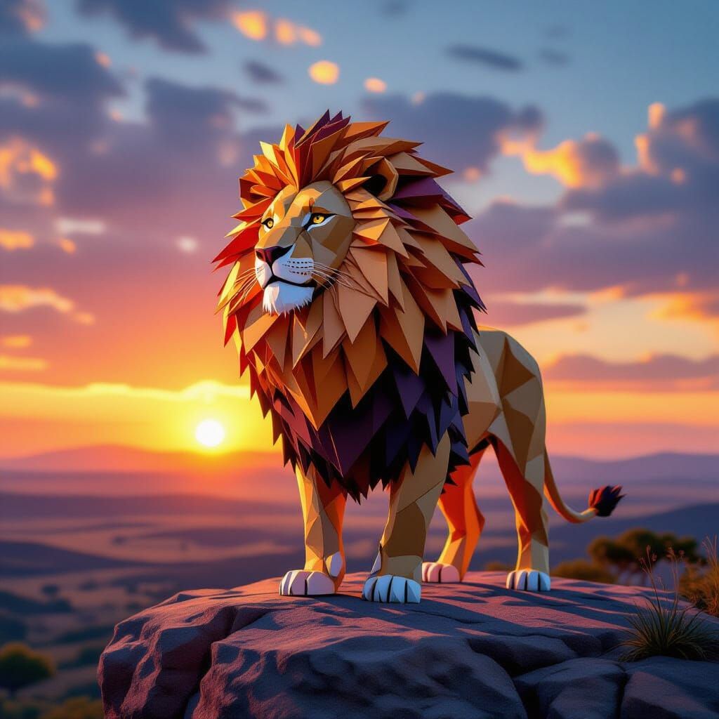 Lion with Origami Mane Overlooking Savanna at Sunset