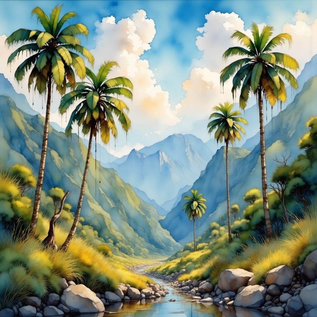 Tropical Mountain Landscape as Oil Painting