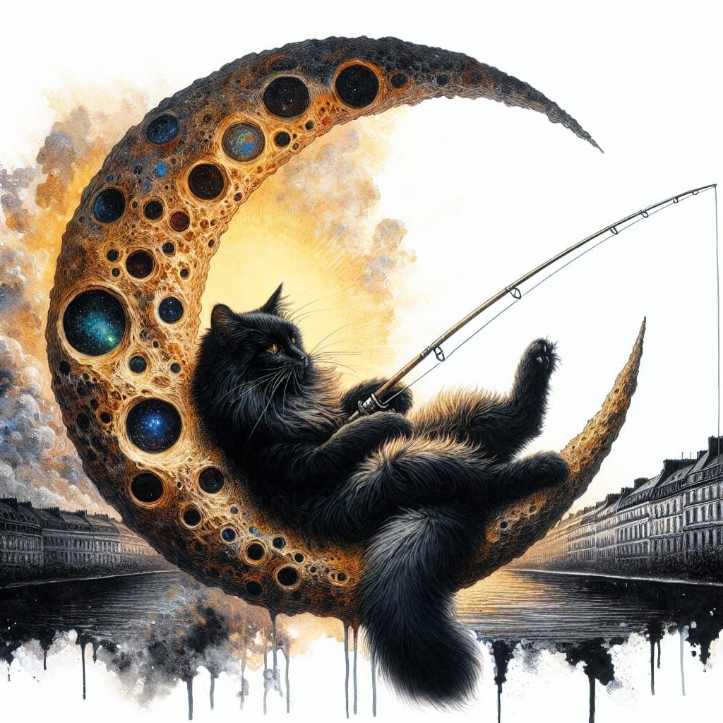 Black Cat Fishing on Crescent Moon in Watercolour Style