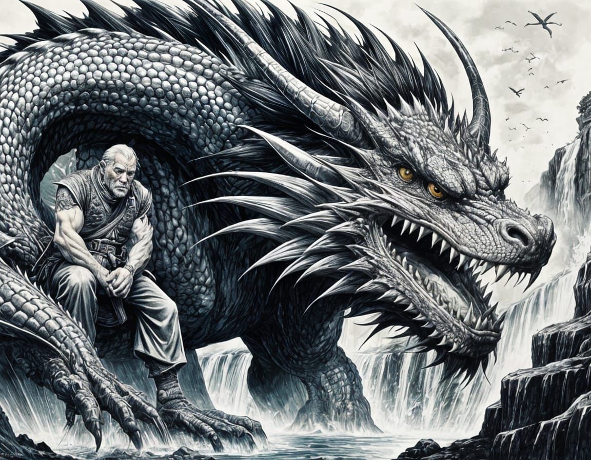 Old Man and Dragon Companion by Waterfalls, Ink Art