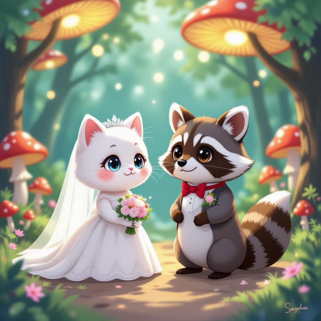 Kawaii Cat Marries Dapper Raccoon in Whimsical Forest
