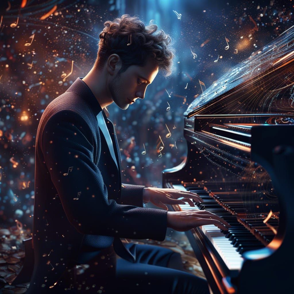 Pianist Surrounded by Music Notes in Detailed Matte Painting