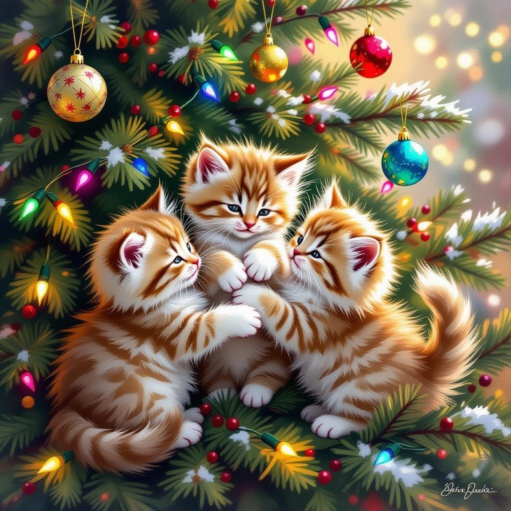 Fluffy Kittens Play in Sparkling Christmas Tree