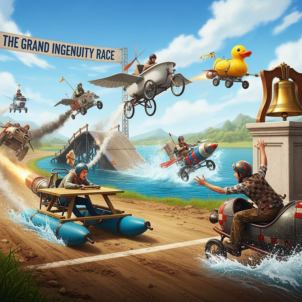Whimsical Race of Absurd Vehicles in Cartoon Style