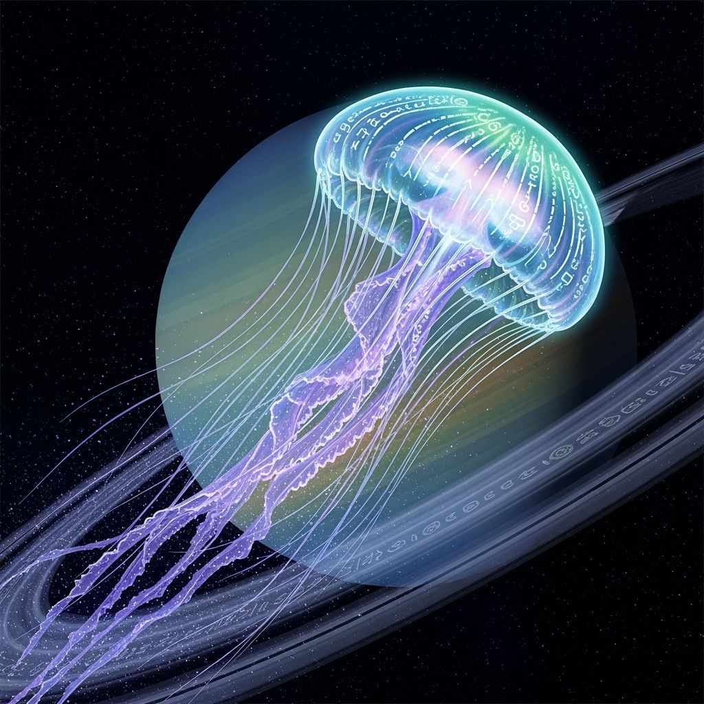 Bioluminescent Jellyfish Drifting Through Saturn's Rings