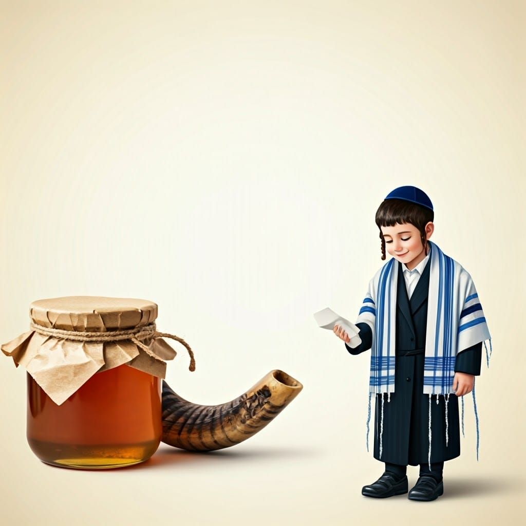 Shofar, Honey, and Boy with Note: Nostalgic Art