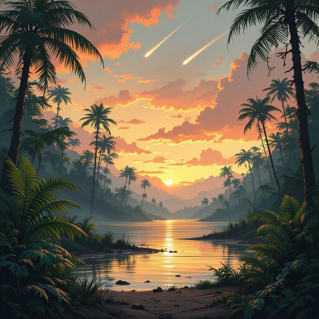 Cretaceous Jungle Sunset: Digital Painting