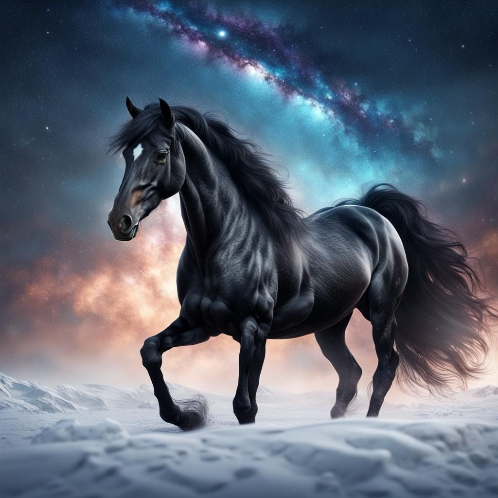 Black Horse on Snow with Galaxy Background