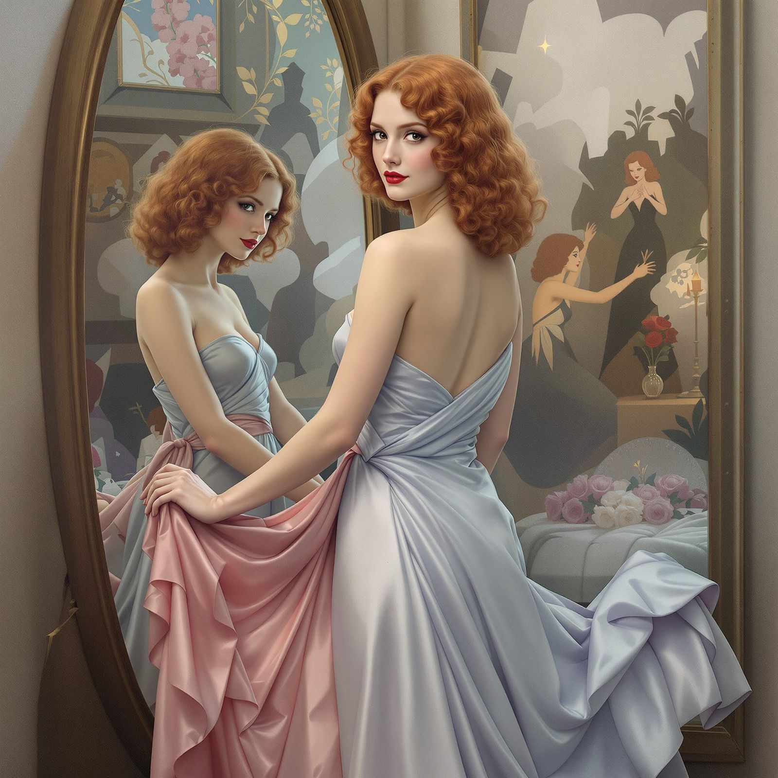 Elegant Woman in 1930s Gown: Symbolic Expressionism