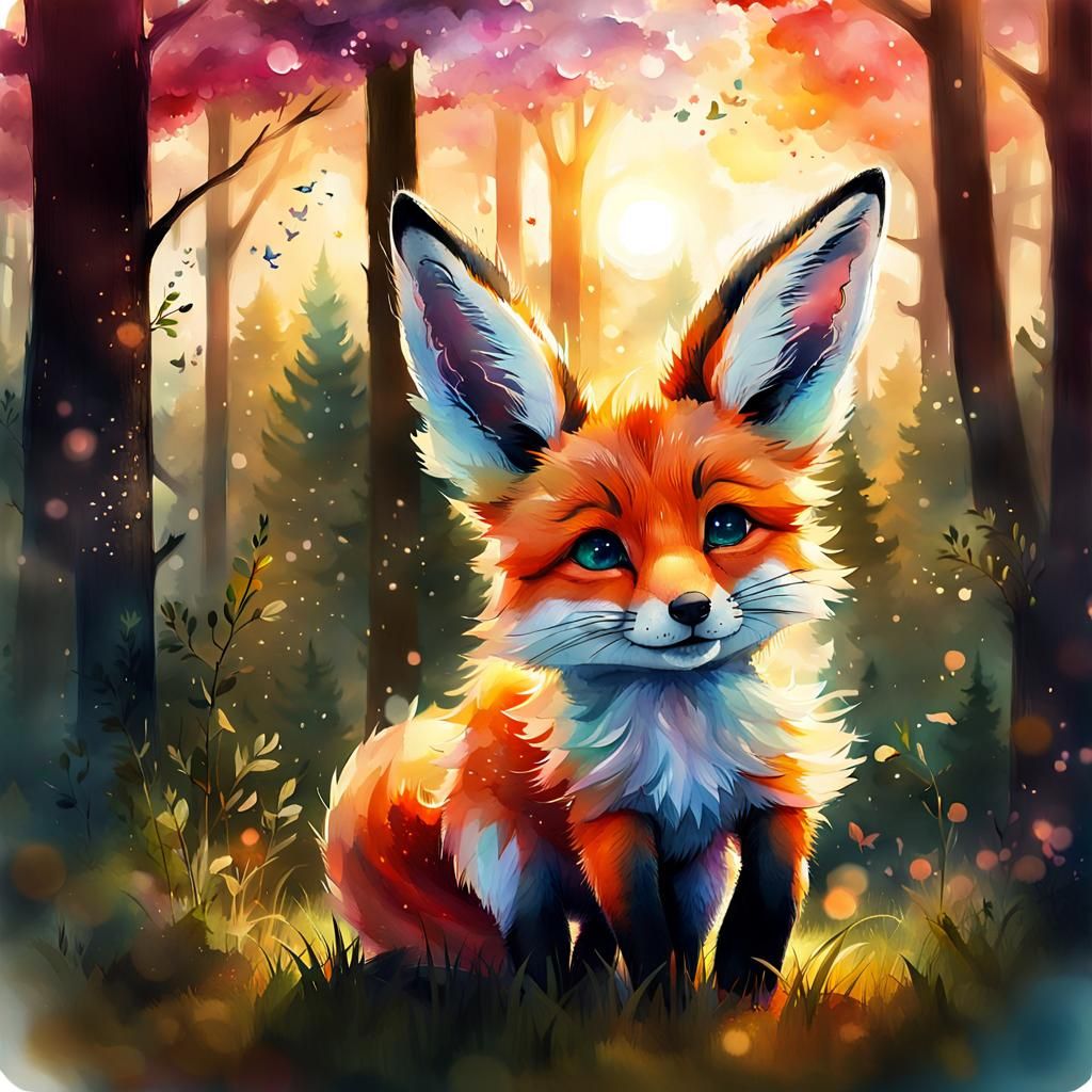 Cute Fox-Bunny Hybrid in Watercolor Illustration