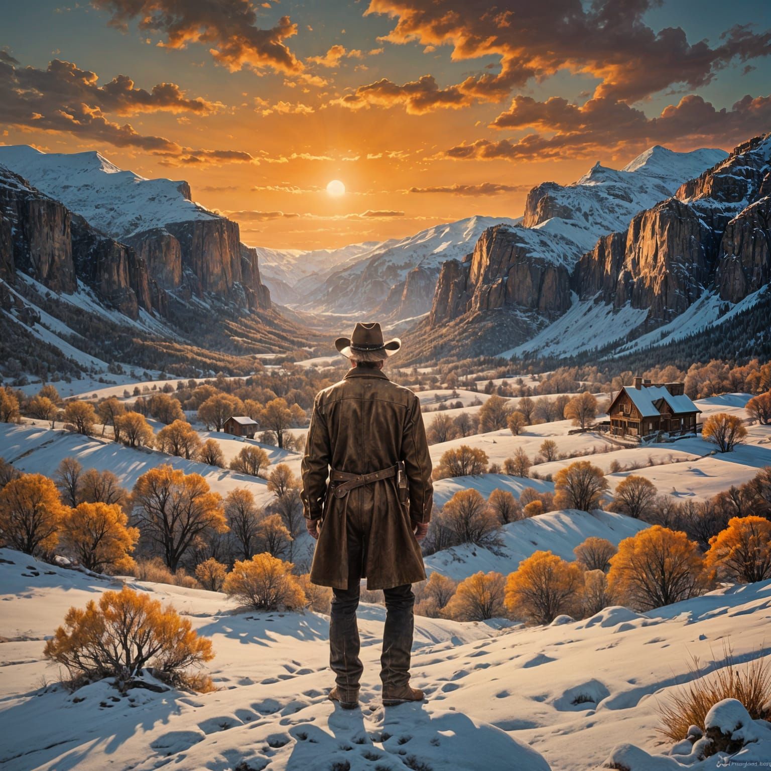 Cowboy in a Snowy Sunset Valley Oil Painting