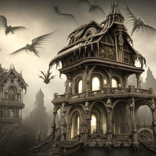 Dragon Skeleton Houses in Dystopian Art Nouveau Style