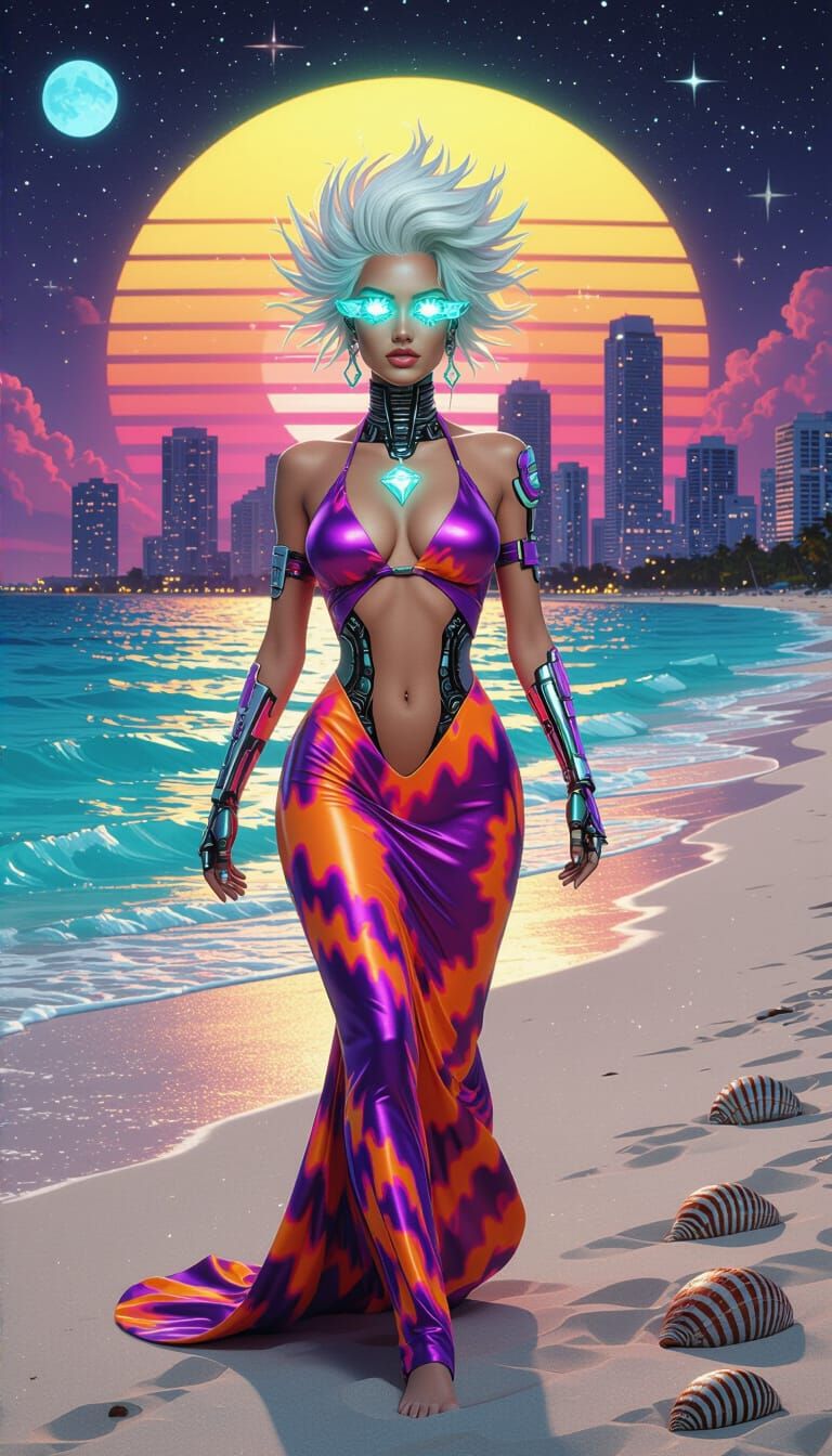 Futuristic Miami Cyborg Goddess in Vaporwave Style