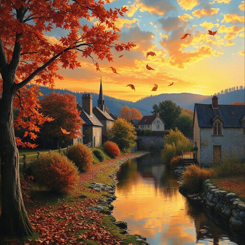 Bob Ross Style Autumn Village Oil Painting at Sunset