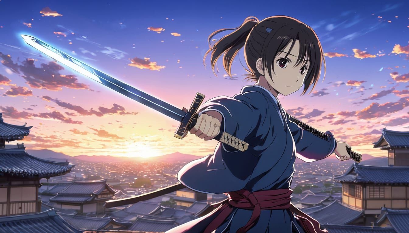 Anime Heroine Strikes with Glowing Sword on Rooftop