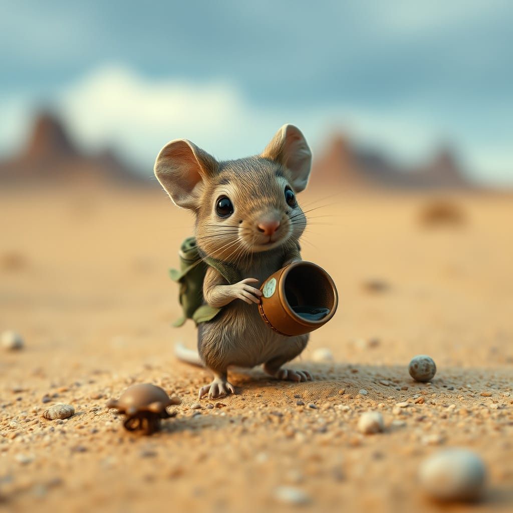 Whimsical Desert Mouse Collects Rainwater with Thimble