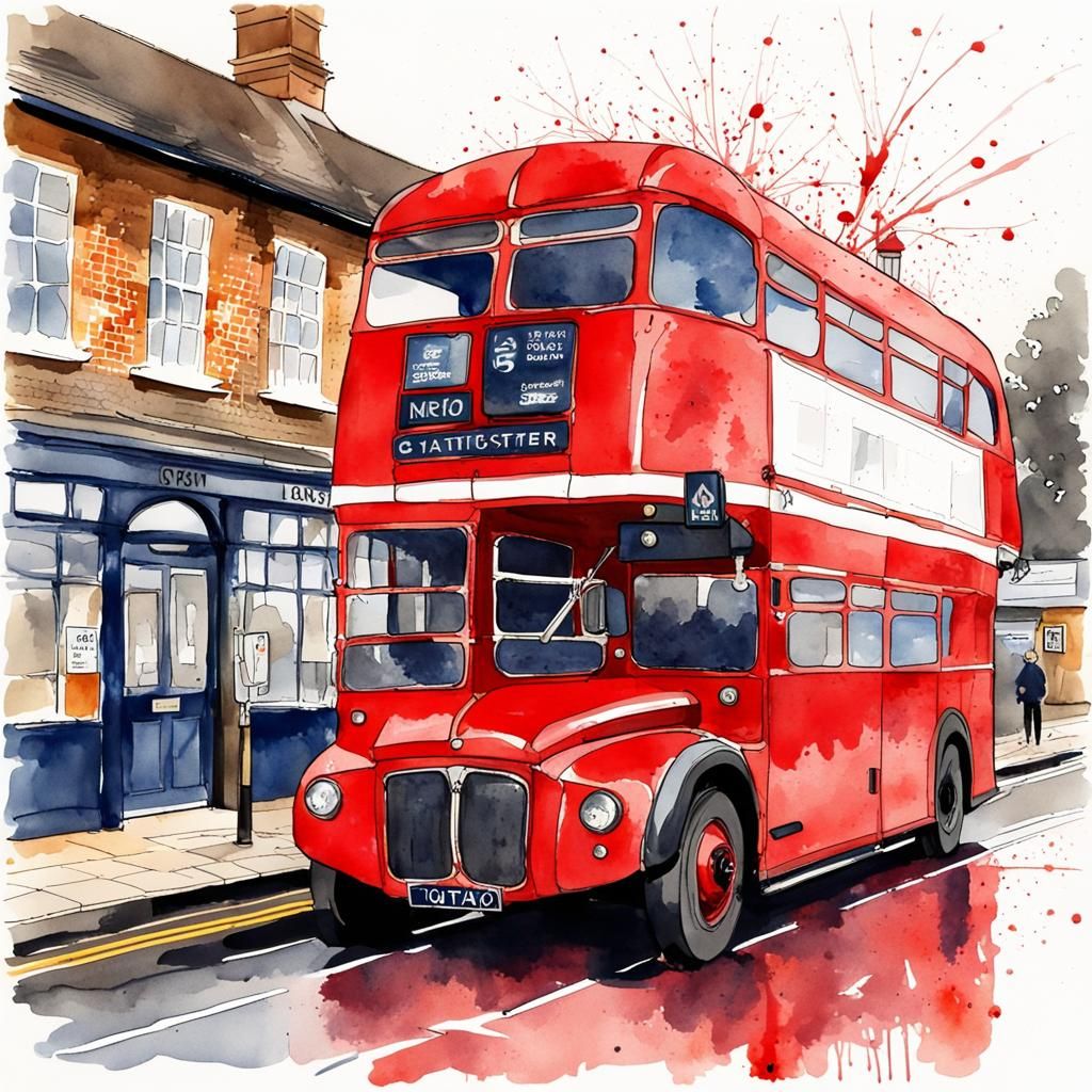 Red Routemaster Bus at Ongar Station Watercolor