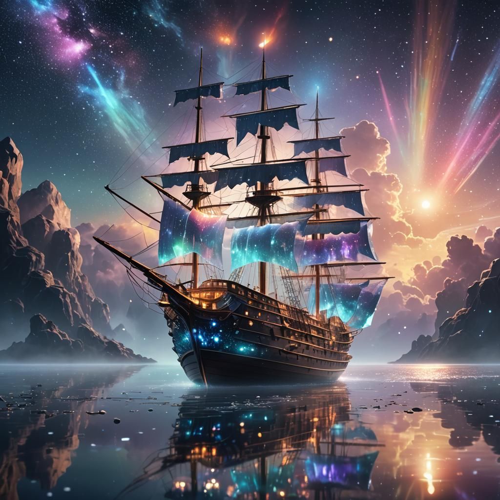 Segelschiff auf kosmischer Reise unter einem Sternenhimmel”