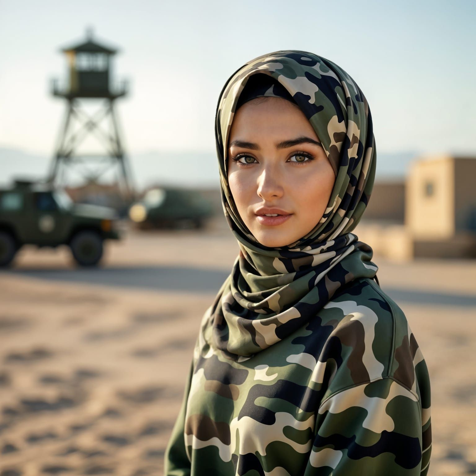 Arab Woman in Camouflage Hijab at Military Base