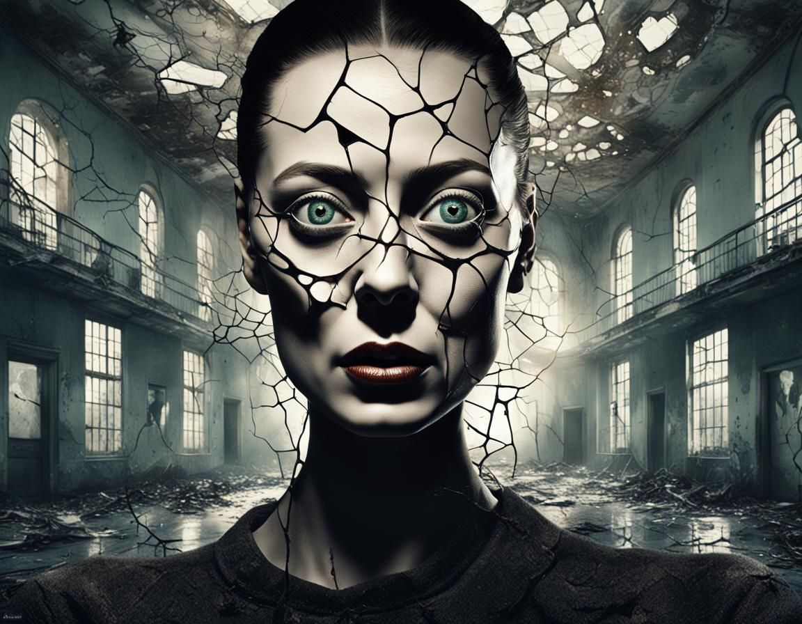Cracked Woman in Abandoned Hospital: Dark Surrealism