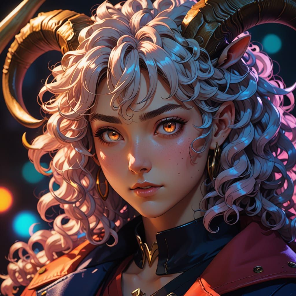 Anime Teen with Horns, Cel-Shaded Manga Portrait