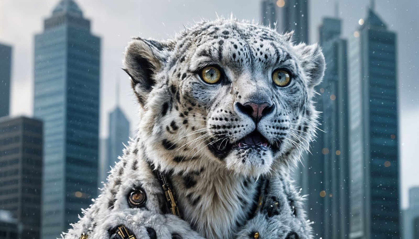 Cyborg Snow Leopard on Skyscraper
