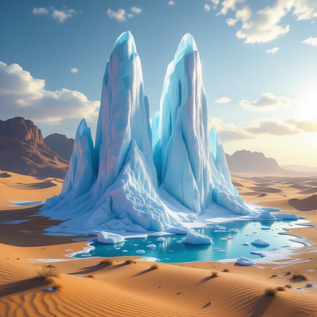 Surreal Ice Skyscrapers in Desert Sunlight