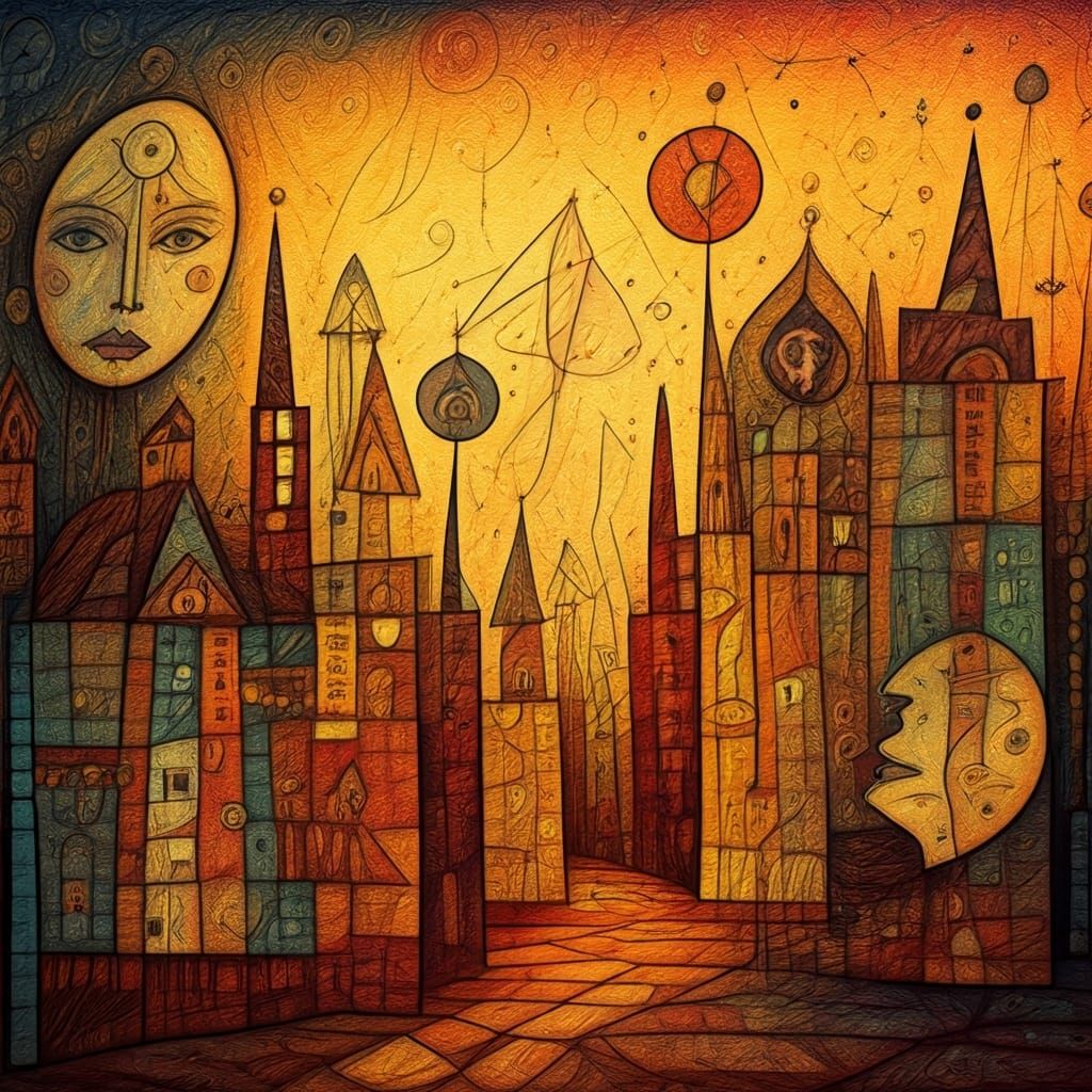 Abstract Geometric Cityscape in Paul Klee Style