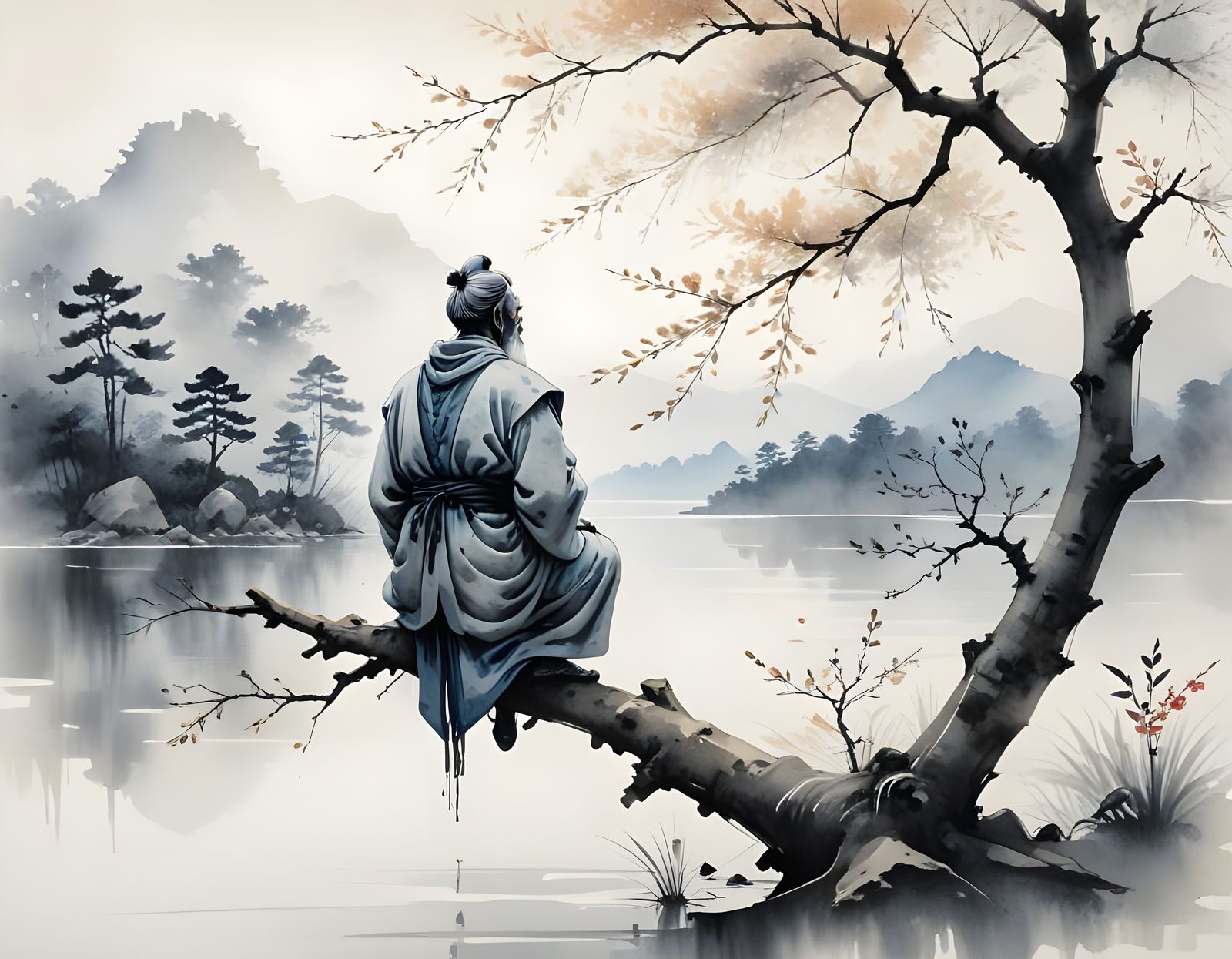 Wise Man Contemplates Lake in Sumi-e Style