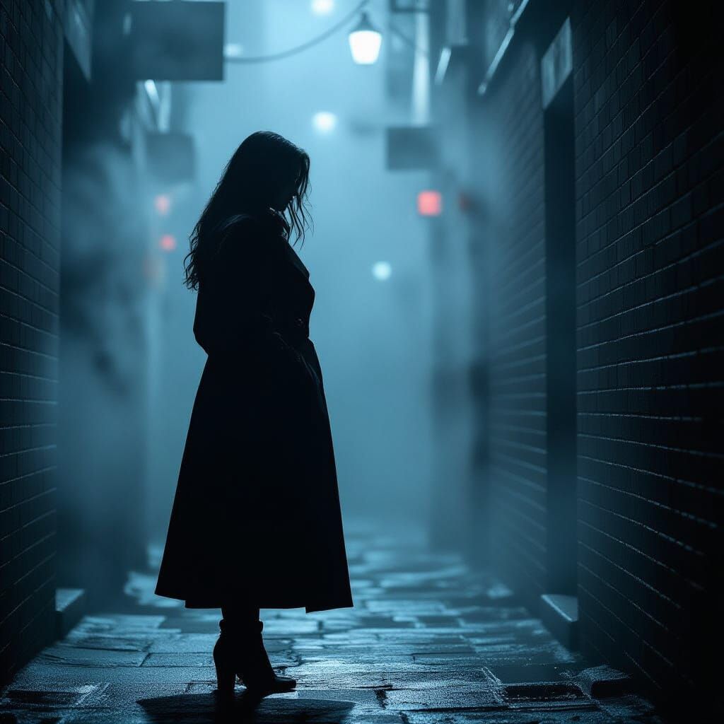 Mysterious Woman in Misty Alleyway, Cinematic Noir Style
