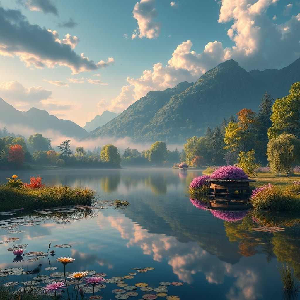 Vibrant Fantasy Landscape with Tranquil Pond and Cinematic L...