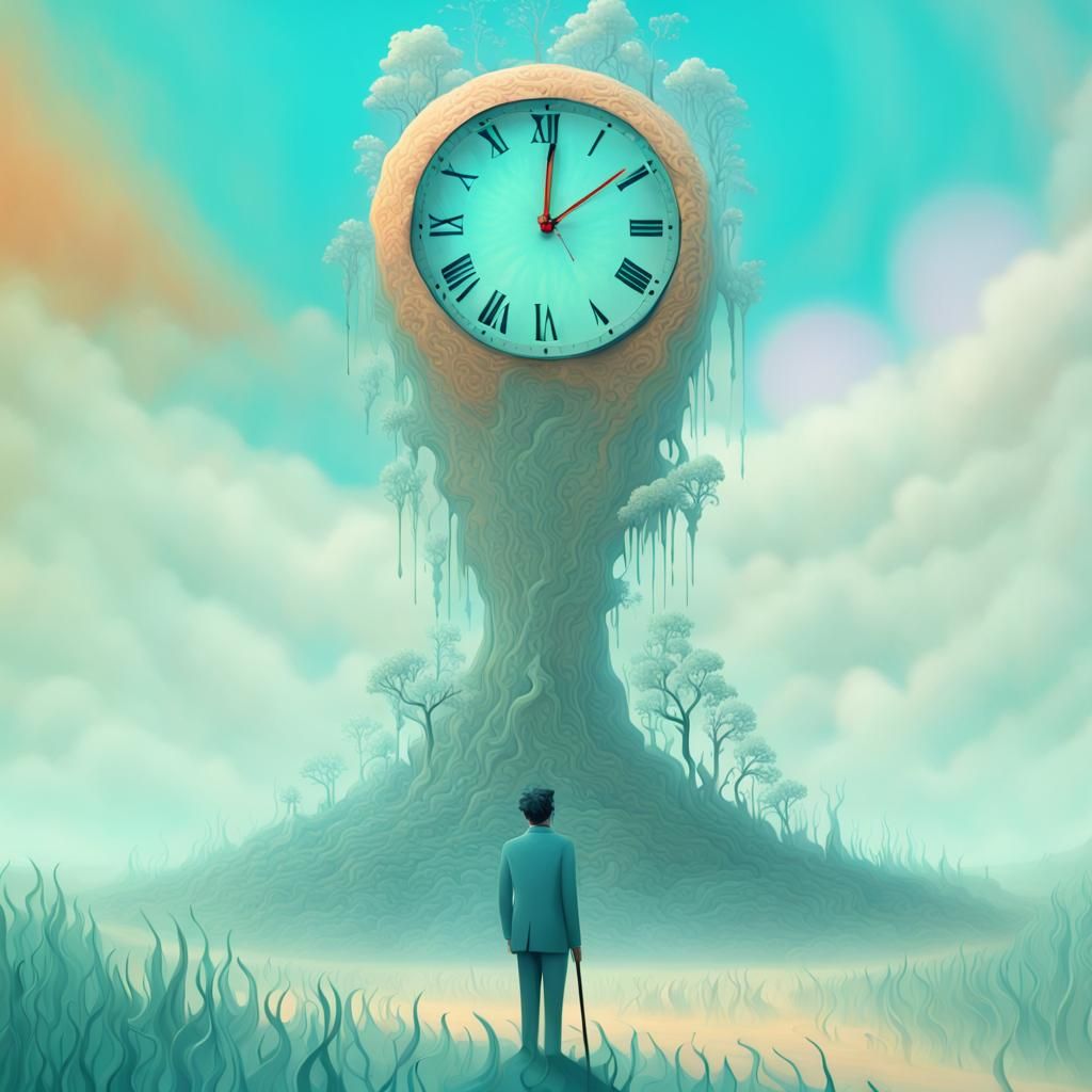 Surreal Dreamscape with Melting Clock in Bold Colors