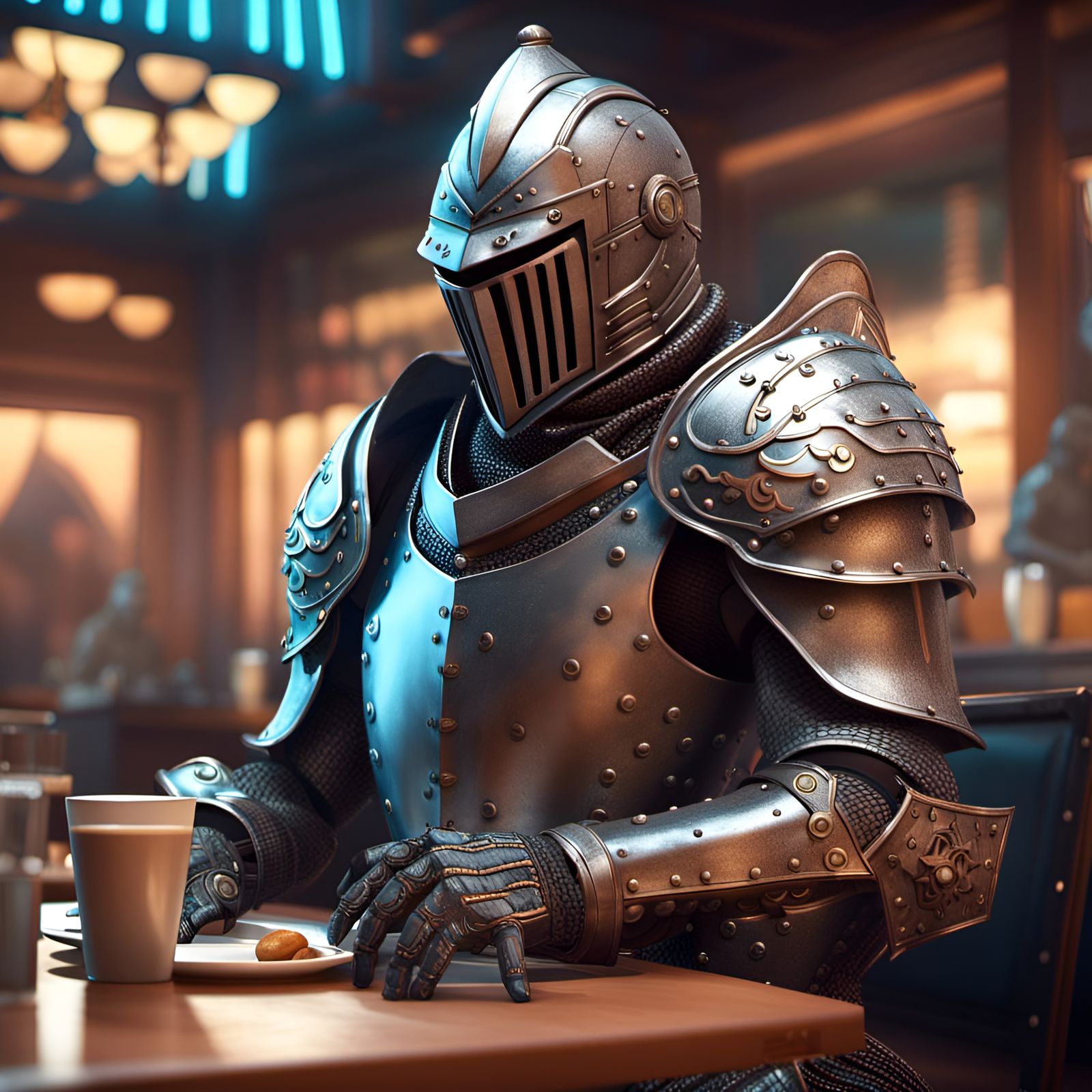 Armored Knight in Cafe: 3D Digital Art
