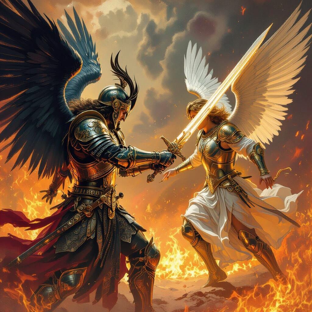 Archangel Azazel Battles Gabriel in Baroque Style