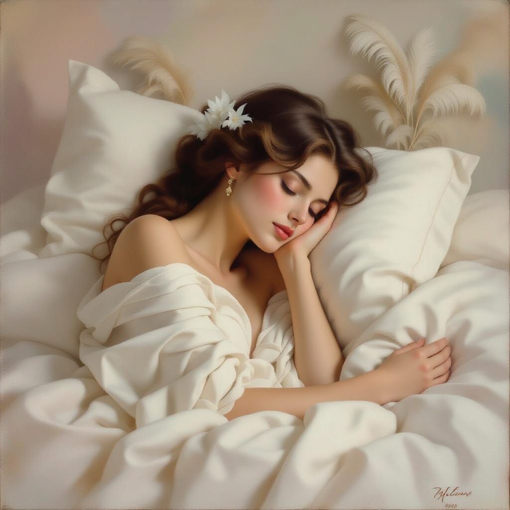 A neoclassical oil painting of a nude woman asleep in soft w...