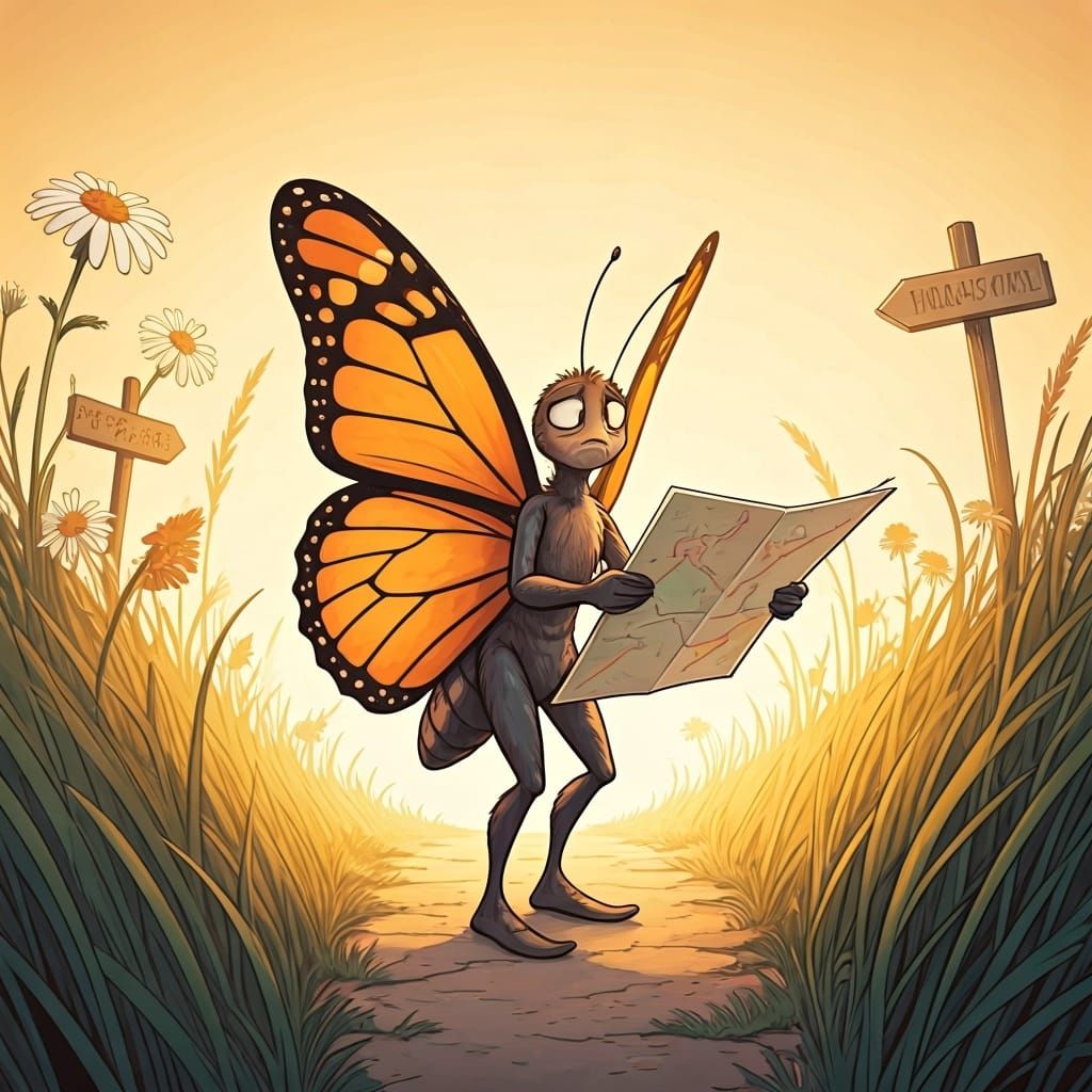 Confused Butterfly at Crossroads: Watercolor Storybook Art