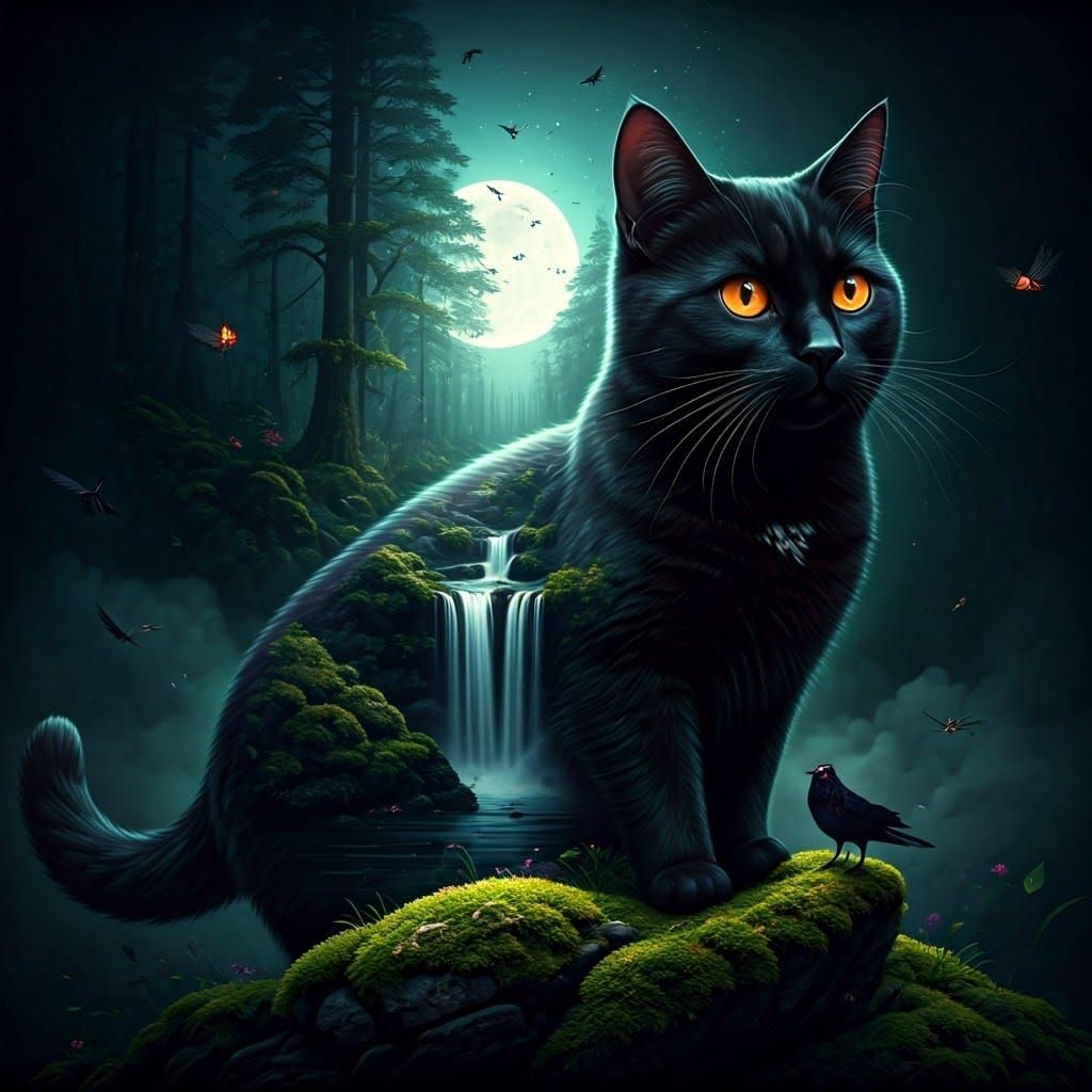 Surreal Double-Exposure Image of a Black Cat in a Mystical F...