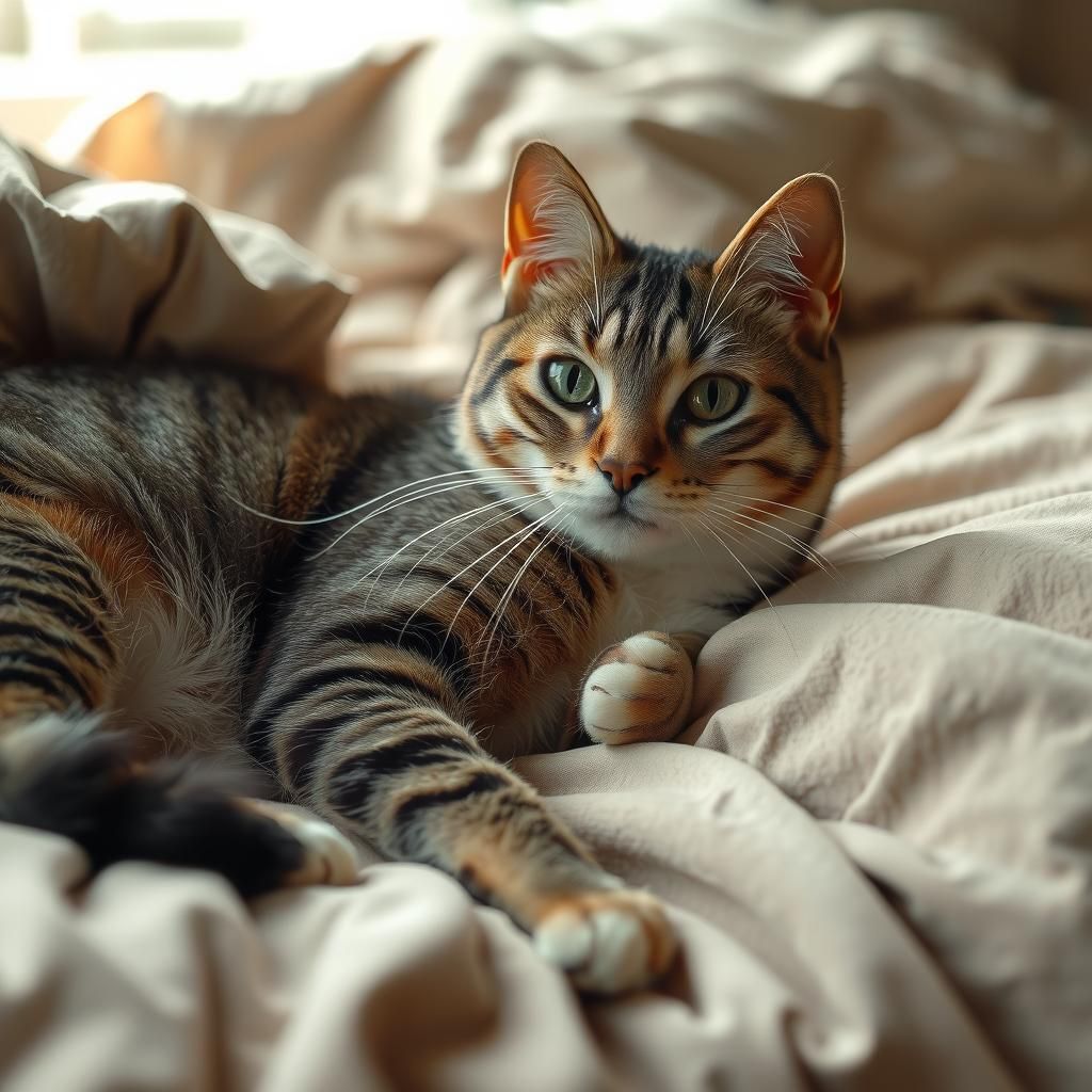 Tabby Cat Lounging on Bed in Realistic Style