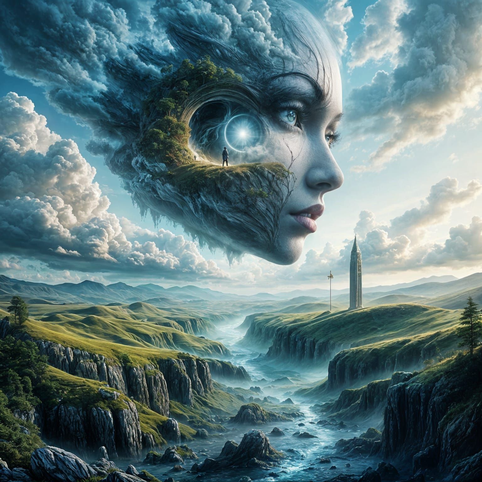 Surreal Landscape: Giant Face Merged With Hills