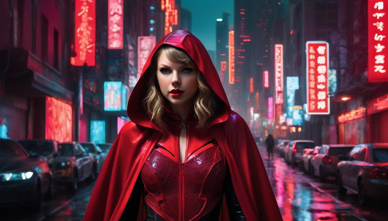 Cyberpunk Scarlet Witch in Dystopian Cityscape