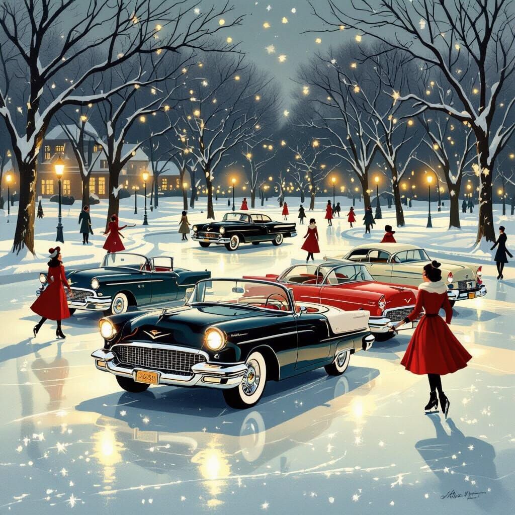 Vintage Park Ice Skating with Oldsmobiles in Twilight Glow