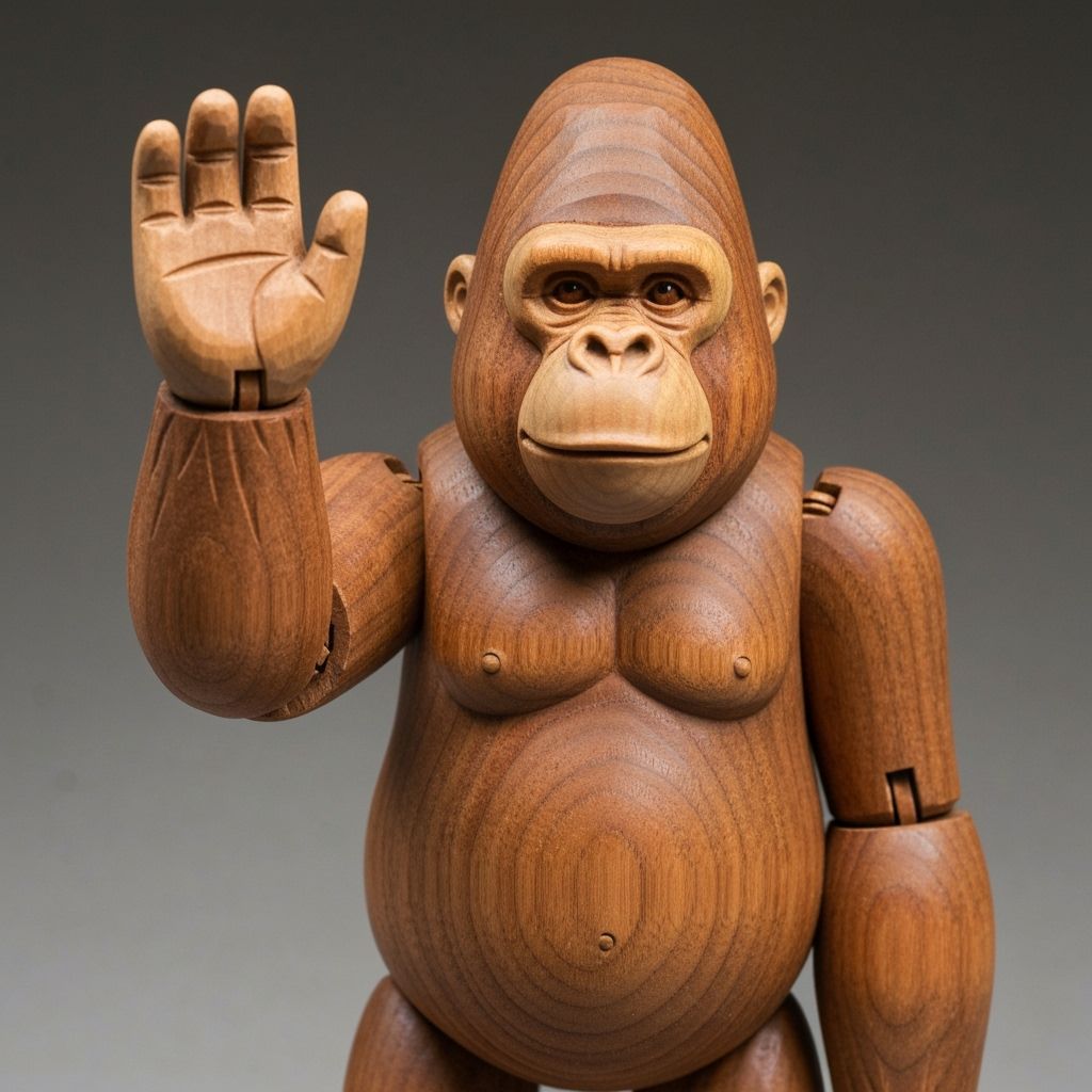 Stylized Wooden Gorilla Figure in Studio Shot