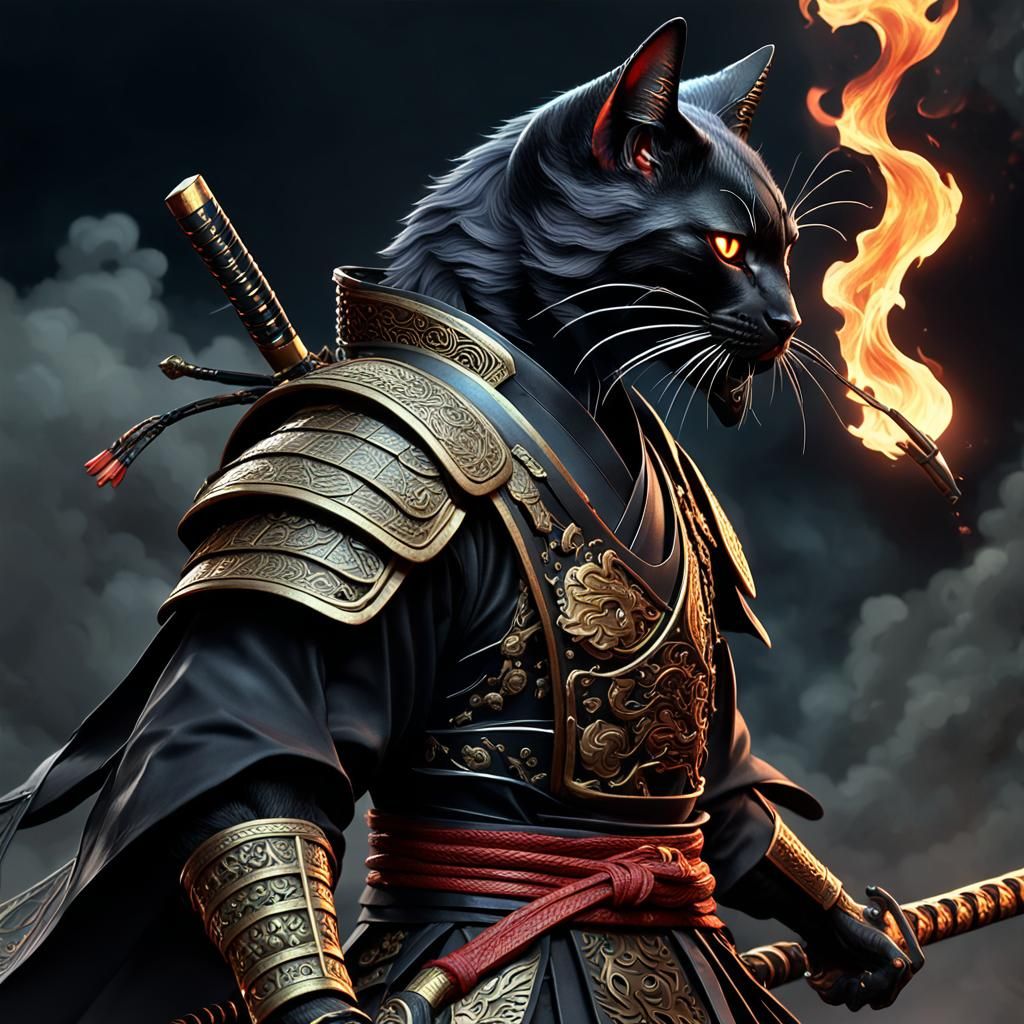 Catfolk Samurai in Smokey Night, Digital Matte Painting